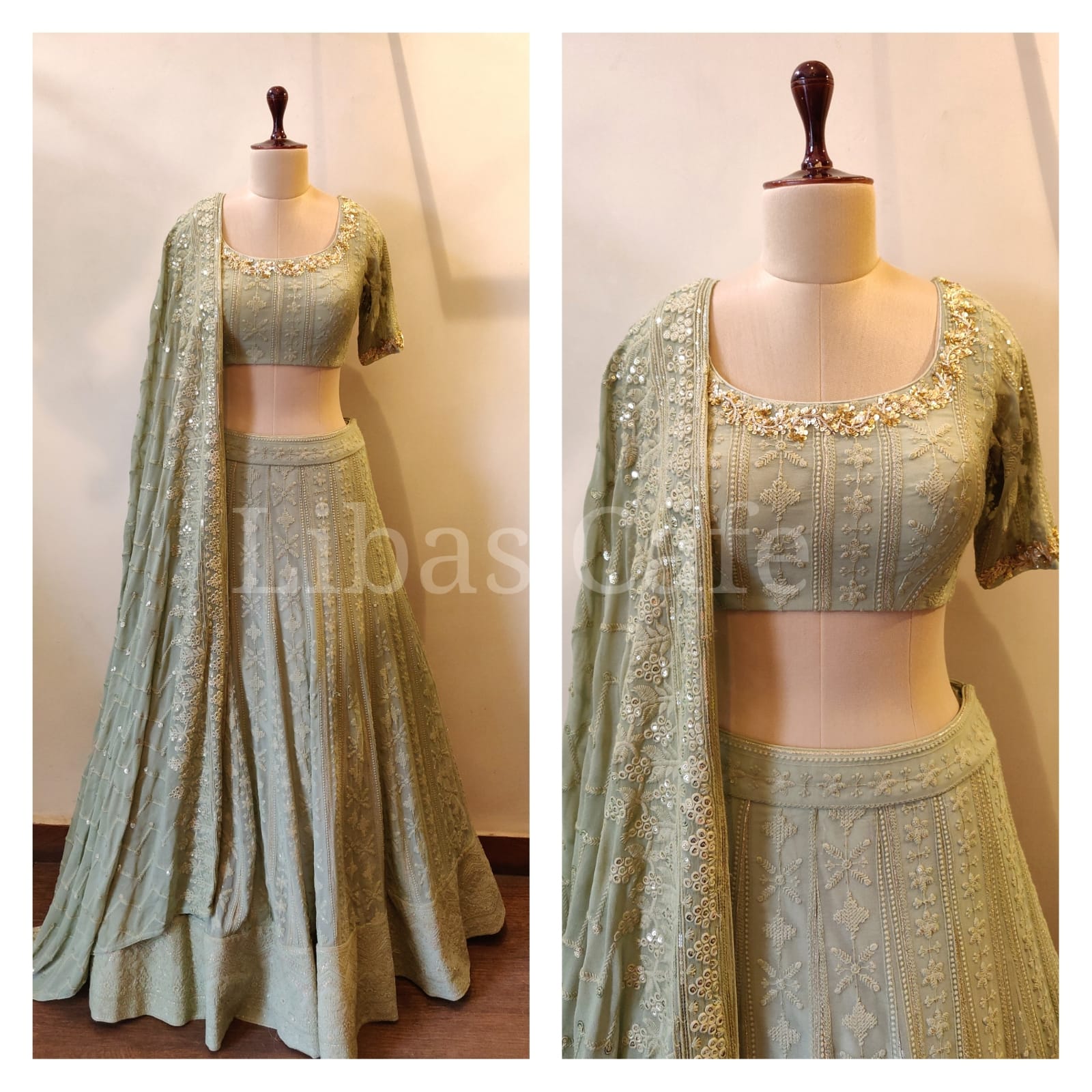 Olive Green Lakhnavi Lehenga With Georgette Dupatta